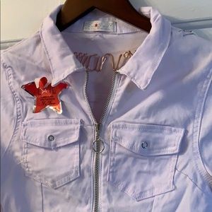 White stretch denim zip up dress